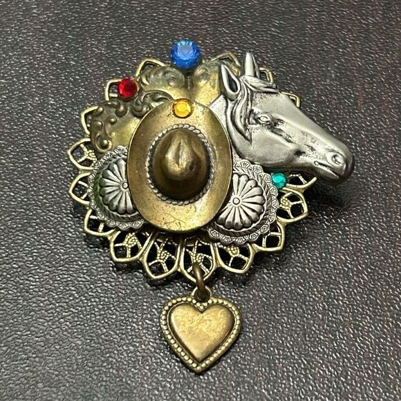 Vintage Horse Rodeo Theme Brooch Pin Silver & Gold-tone 3D Heart Charm - Picture 1 of 9